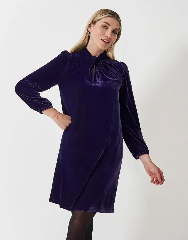 Crew Clothing Twist Front Velvet Shift Dress in Navy