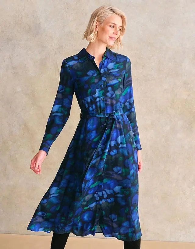 Crew Clothing Sienna Shirt Dress in Blue Watercolour Print