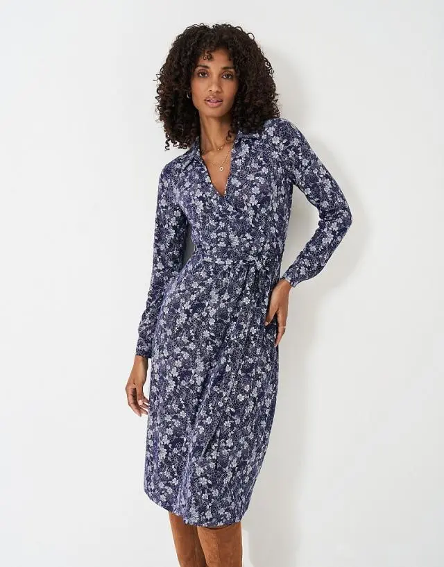 Crew Clothing Dani Floral Jersey Wrap Dress in Navy