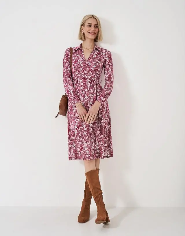 Crew Clothing Dani Floral Jersey Wrap Dress in Burgundy