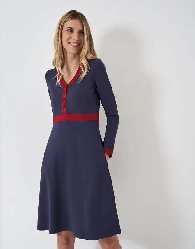 Crew Clothing Maya Ponte Dress in Navy and Red