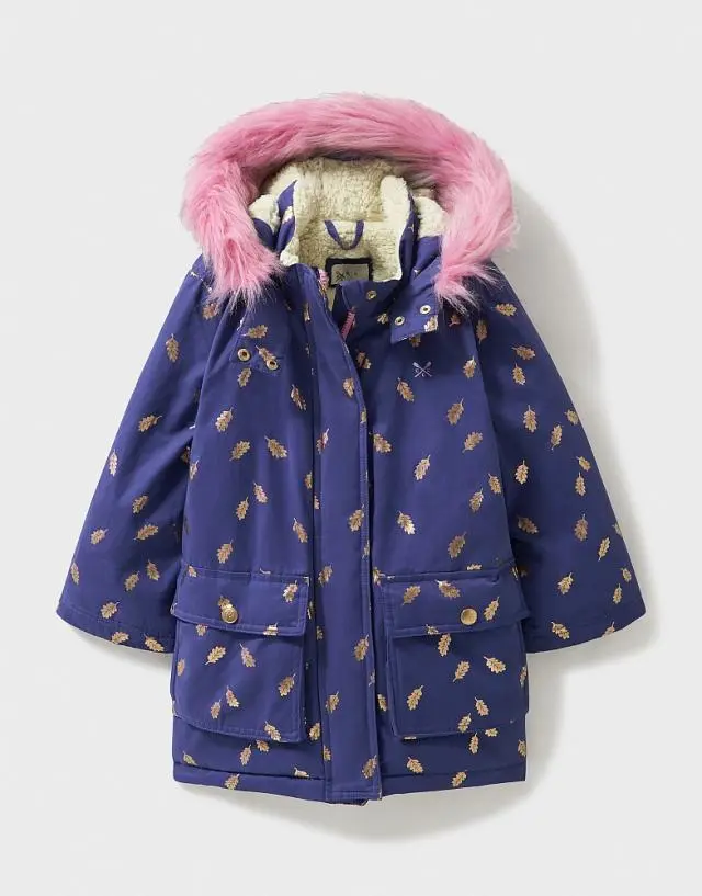 Crew Clothing Foil Printed Parka Coat with Faux-Fur Hood in Navy