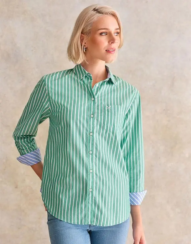 Crew Clothing Cotton Poplin Shirt in Green and White Stripe