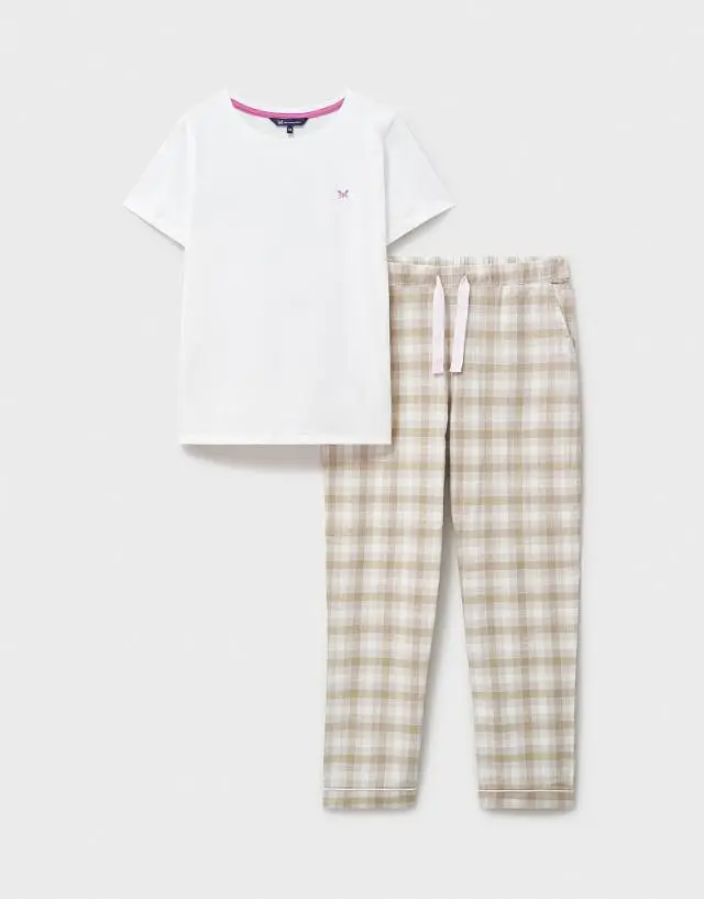 Crew Clothing Jersey and Flannel PJ Set in White and Beige Check