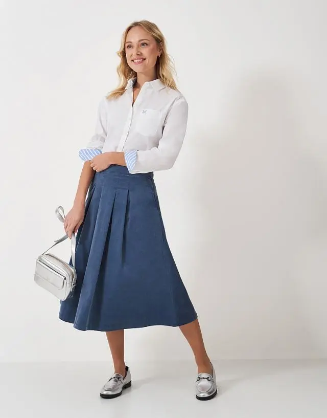 Crew Clothing Pleated Cord Midi Skirt in Blue