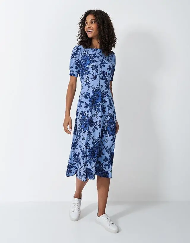 Crew Clothing Scarlet Jersey Tea Dress in Blue Print