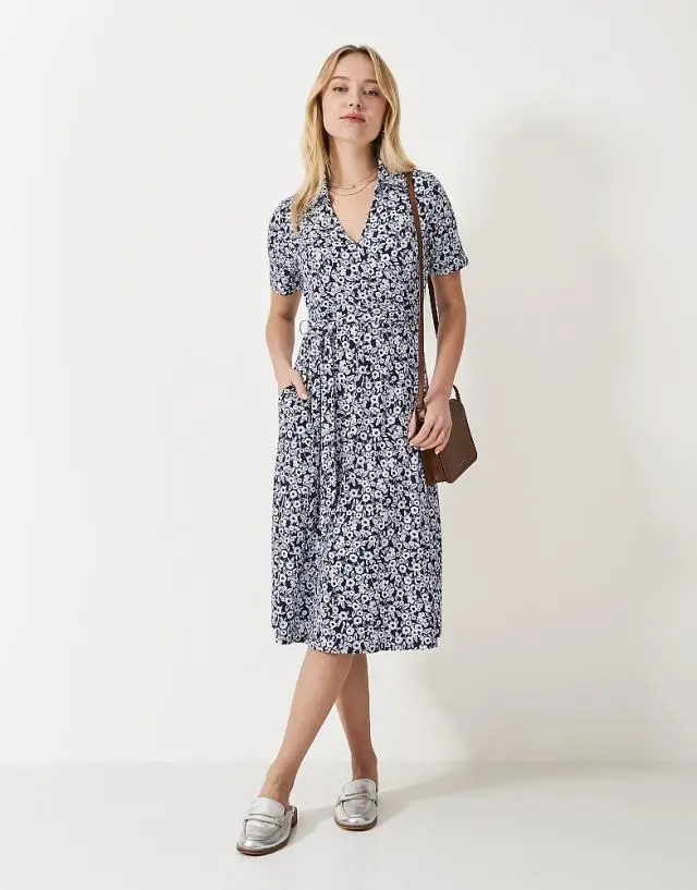 Crew Clothing Dani Wrap-Front Dress in Blue Floral Print