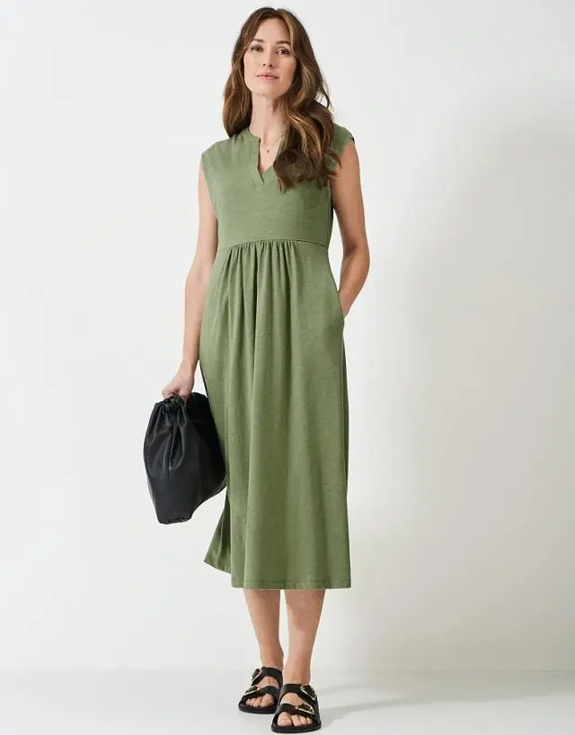 Crew Clothing Adina Cotton Jersey Midi Dress in Green