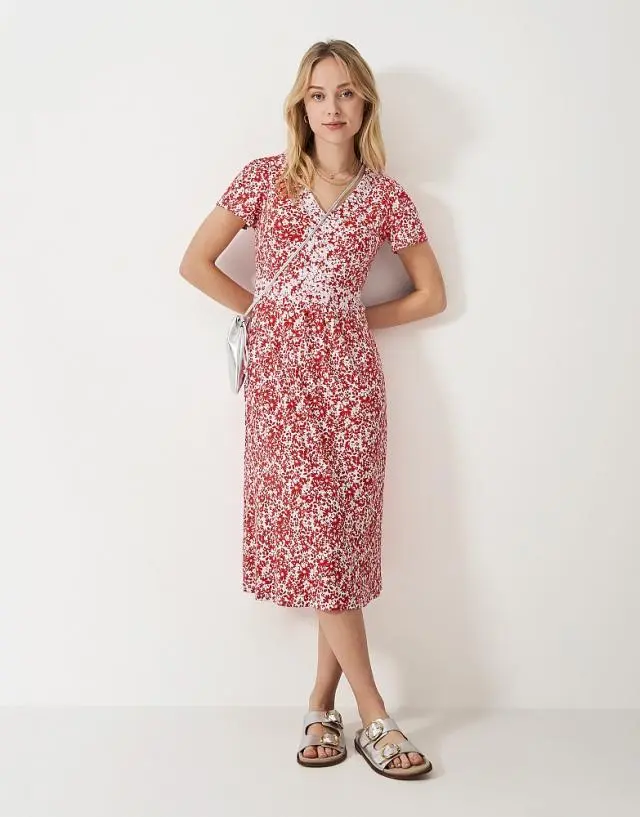 Crew Clothing Myla Flutter-Sleeve Jersey Dress in Red Floral