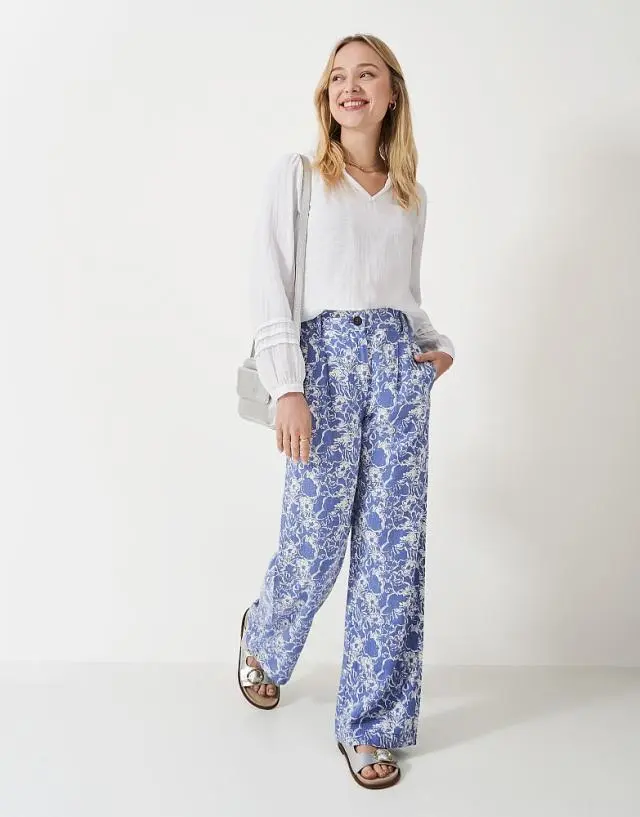 Crew Clothing Linen Blend Wide Leg Trouser in Blue Floral