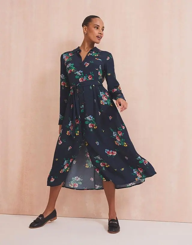 Crew Clothing Sienna Midi Shirt Dress in Navy Floral Print