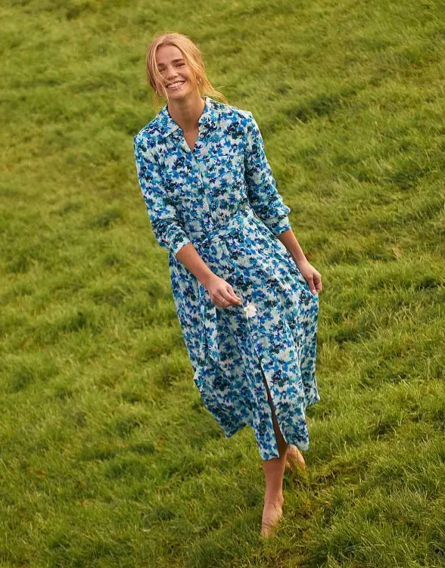 Crew Clothing Sienna Midi Shirt Dress in Blue Floral Print