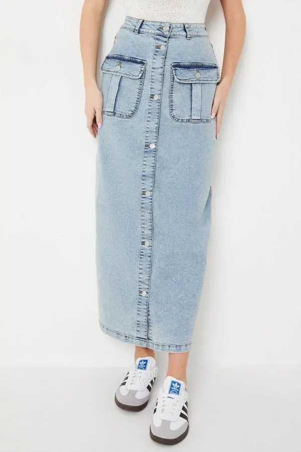 Button Front Pocket Detail Denim Maxi Skirt