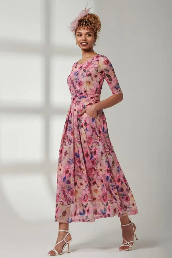 Bella Print 3/4 Sleeve Mesh Maxi Dress