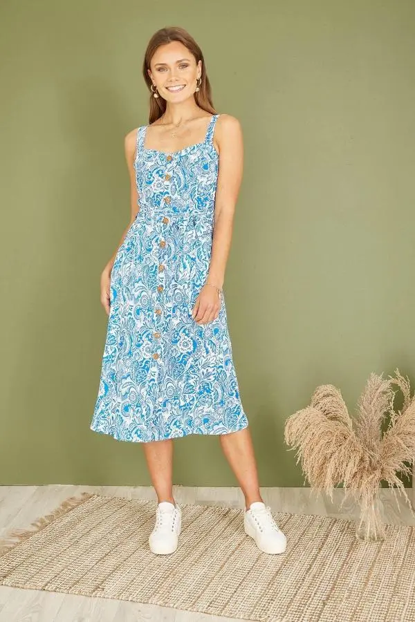 Blue Paisley leaf Print Midi Sundress