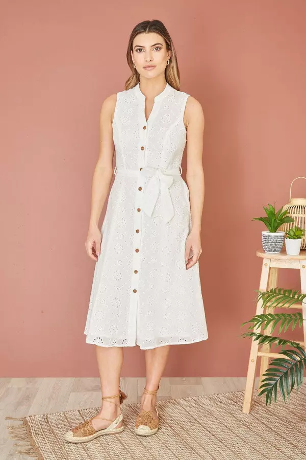 White Flower Broderie Anglaise Cotton Shirt Dress