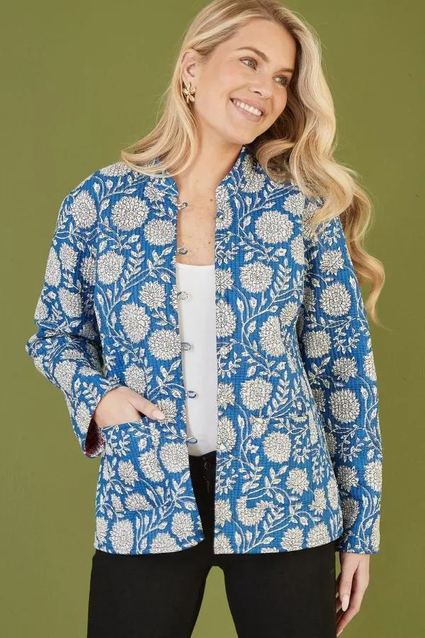 Blue Floral Print Reversible Cotton Quilted Jacket