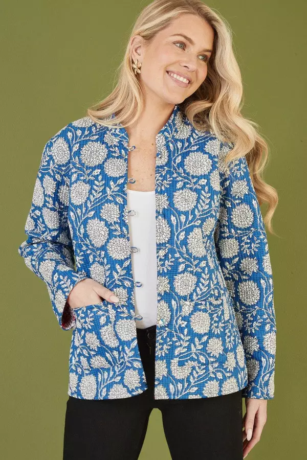 Blue Floral Print Reversible Cotton Quilted Jacket