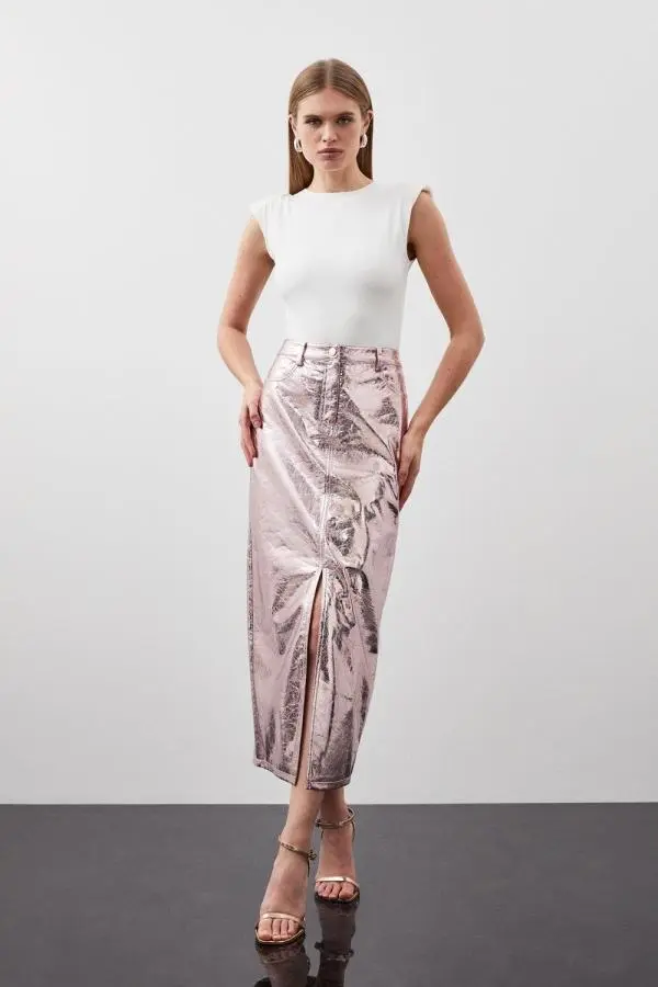 Metallic Faux Leather Midi Skirt