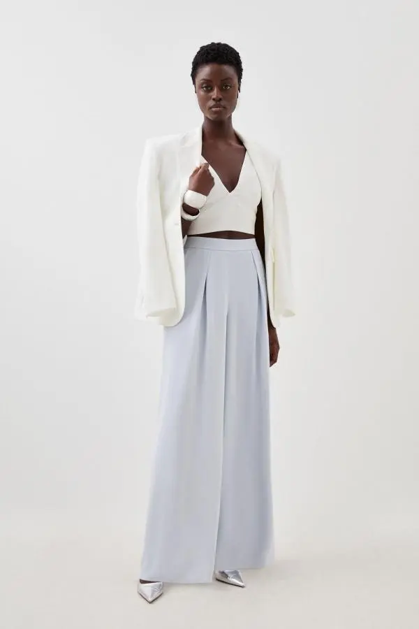 Tailored Premium Crepe Pleat Detail Wide Leg Trousers