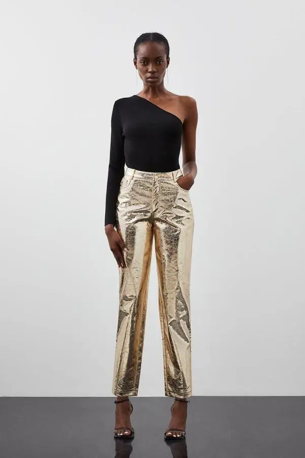 Metallic Faux Leather Straight Trousers