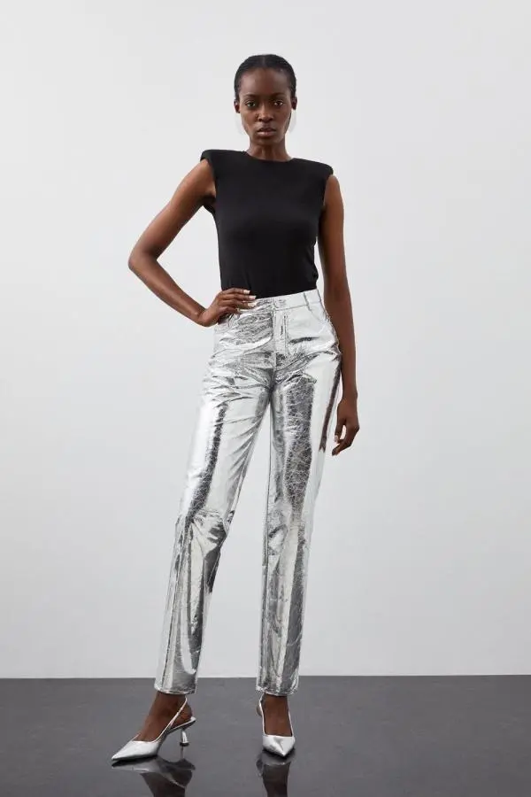 Metallic Faux Leather Straight Trousers