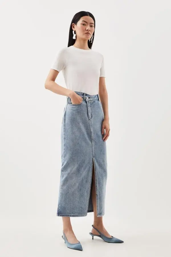 Denim Asymmetric Waistband Detail Maxi Skirt