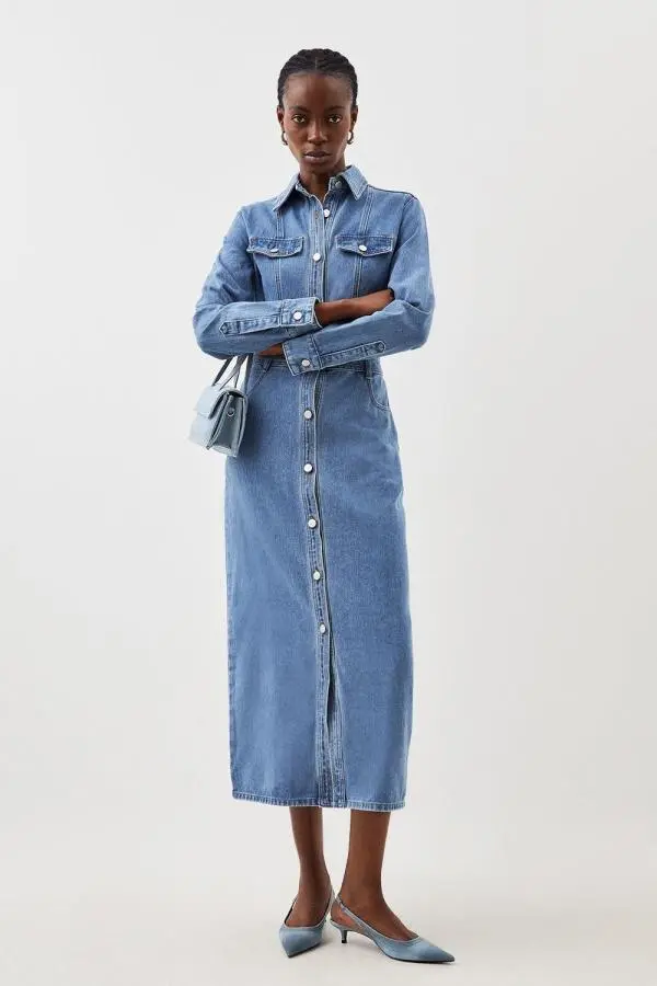 Denim Long Sleeve Midi Shirt Dress