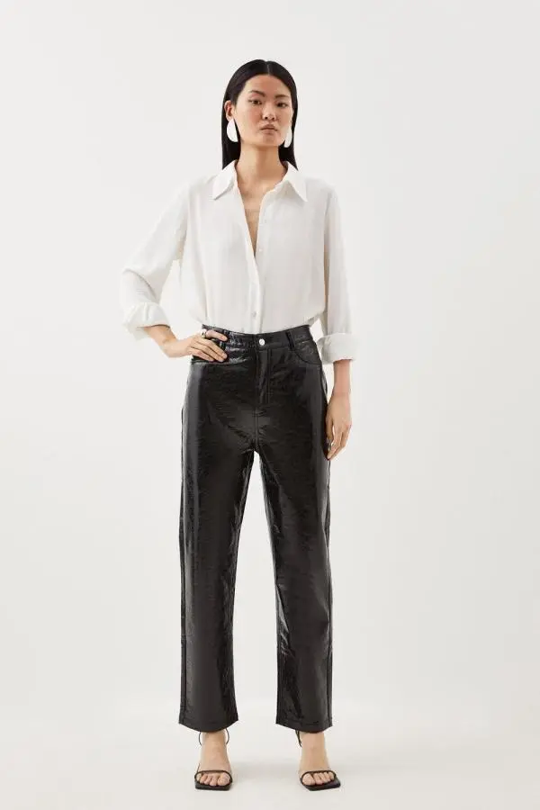 Metallic Faux Leather Tailored Straight Leg Trouser