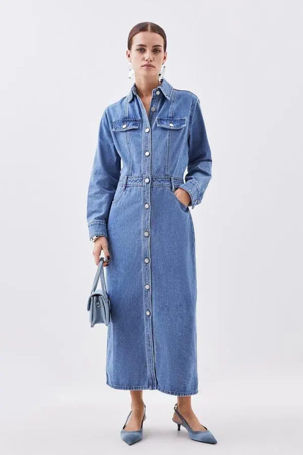 Petite Denim Long Sleeve Midi Shirt Dress