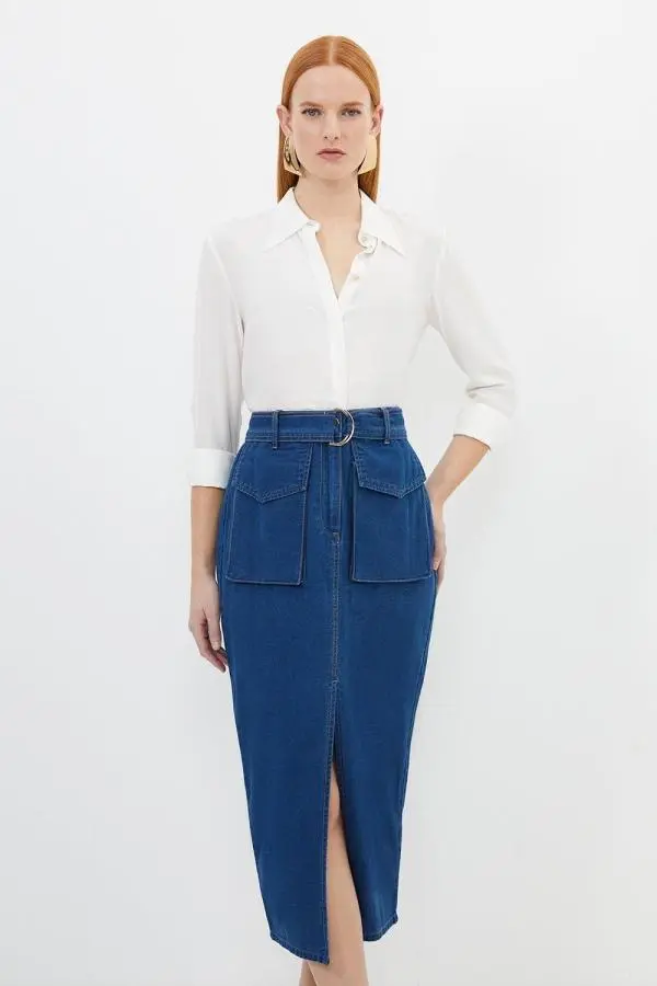 Stretch Woven Denim Midi Skirt