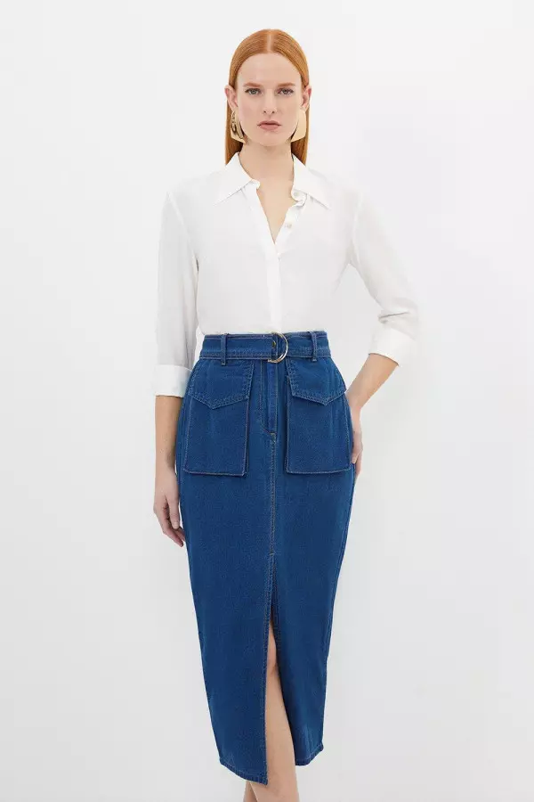 Stretch Woven Denim Midi Skirt