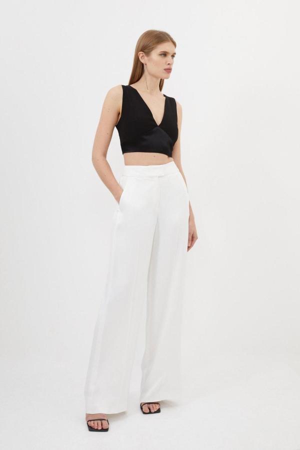 Tailored Viscose Satin Back Crepe Wide Leg Trousers