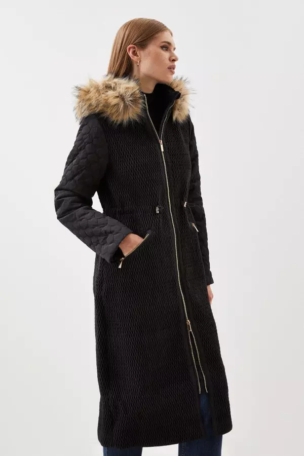 Signature Quilt Faux Fur Hood Longline Coat