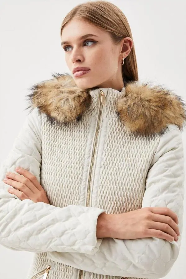 Signature Quilt Faux Fur Hood Longline Coat