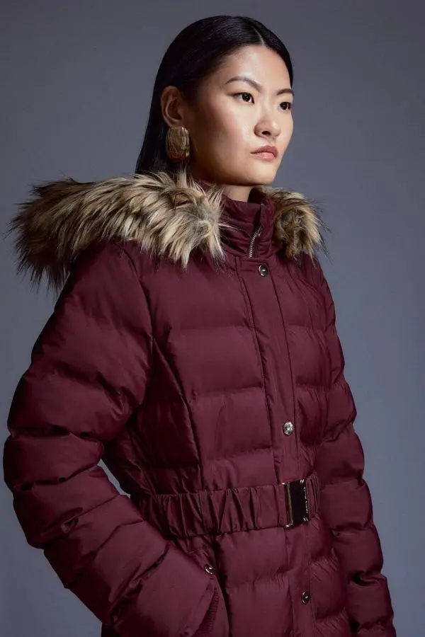 Heat Seal Puffer Belted Faux Fur Hood Longline Jacket