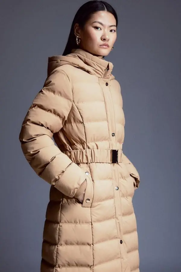 Heat Seal Puffer Belted Faux Fur Hood Longline Jacket