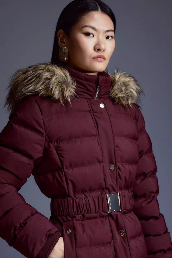 Heat Seal Puffer Belted Faux Fur Hood Jacket