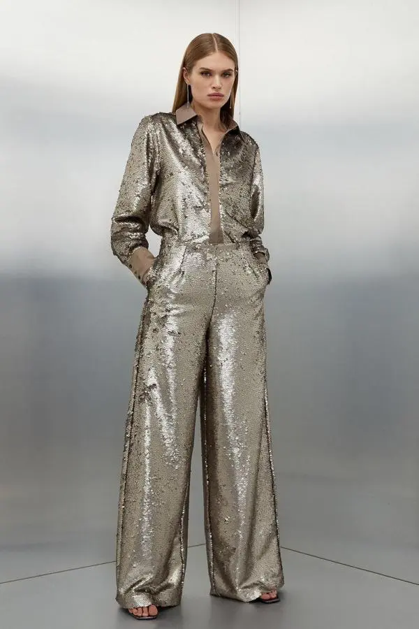 Petite Sequin Woven Wide Leg Trousers