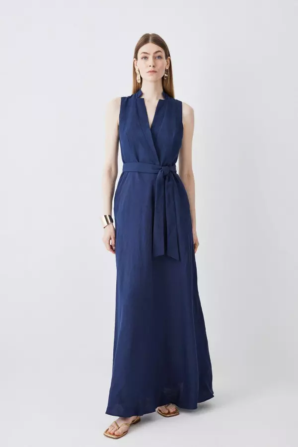 Linen Wrap Tie Waisted Maxi Dress