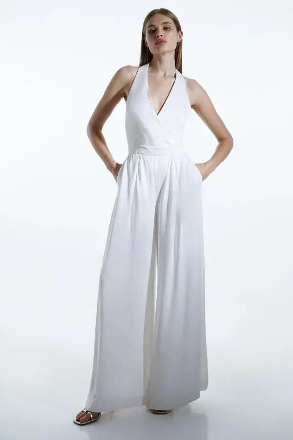 Satin Crepe Woven Wide Leg Jumpsuit