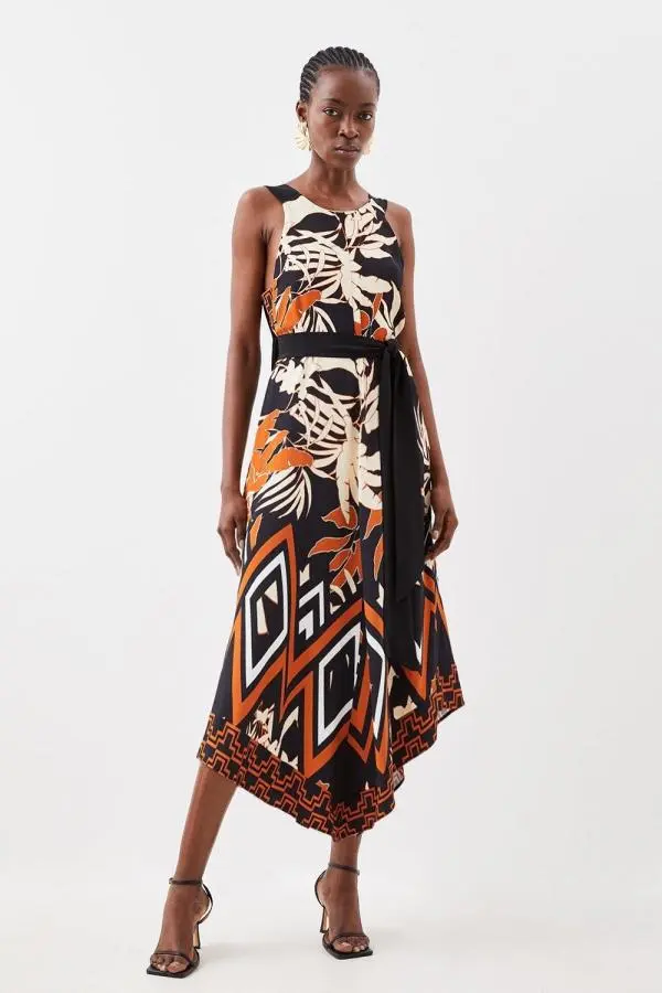 Abstract Floral Border Printed Woven Midi Dress