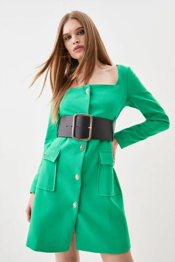 Compact Stretch Belted Trim Detail Sleeved Mini Dress