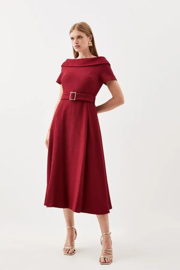 Tailored Roll Neck Tweed Bardot Belted Full Skirt Midi Dress