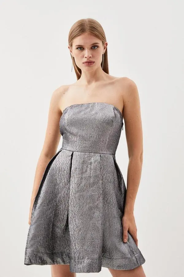 Silver Metallic Jacquard Twill Strappy Woven Mini Dress