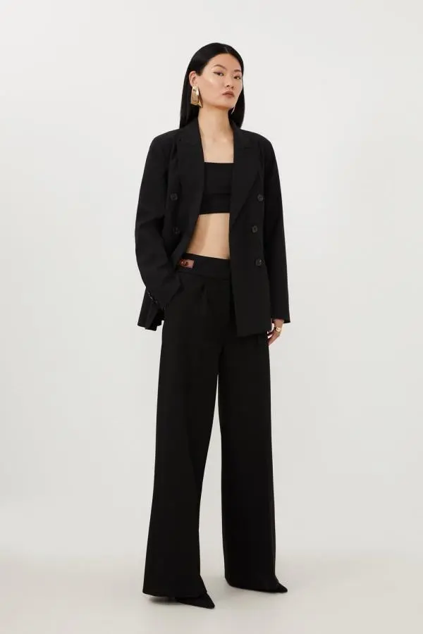 Tailored Compact Stretch Tab Detail Wide Leg Trousers