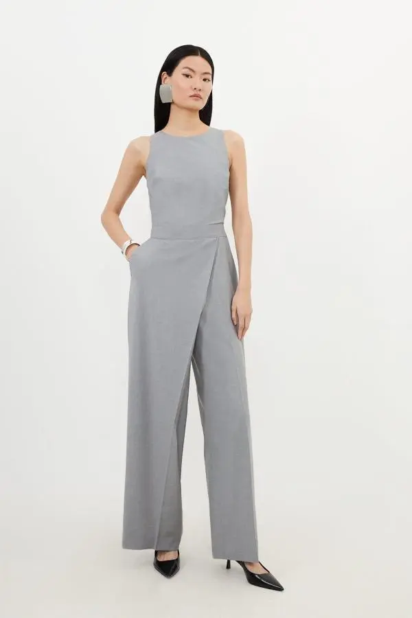 Tailored Wool Blend Wide Leg Wrap Detail Jumpsuit