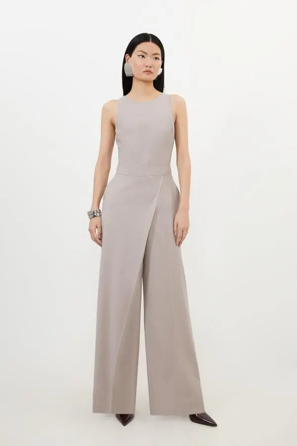 Tailored Wool Blend Wide Leg Wrap Detail Jumpsuit