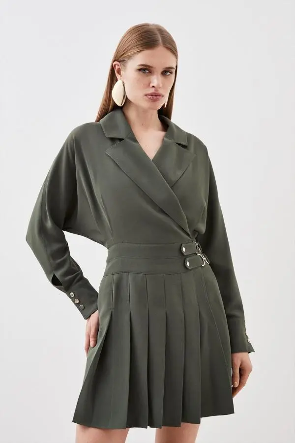 Tailored Crepe Pleated Skirt Wrap Mini Shirt Dress