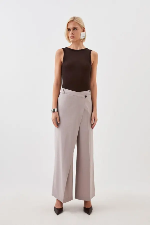 Tailored Wool Blend Wrap Detail Wide Leg Trousers